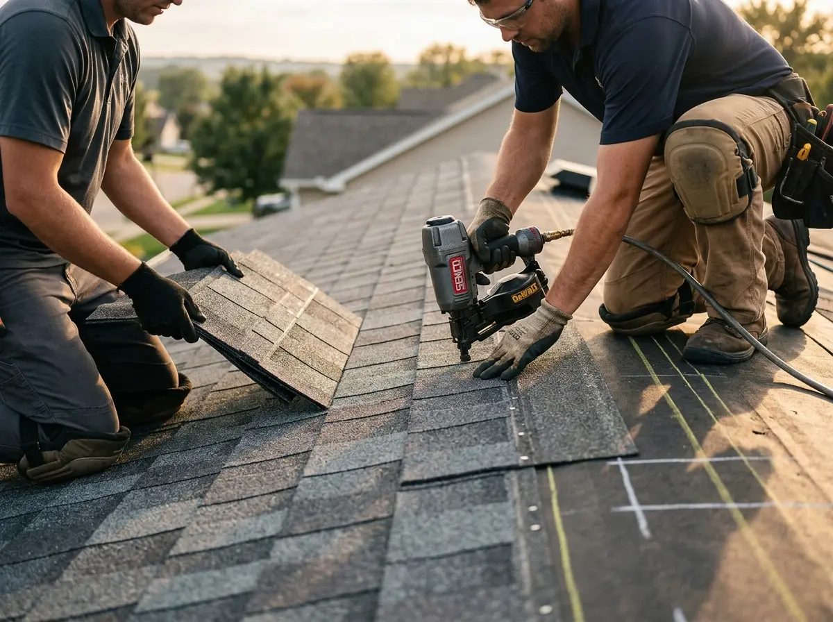 Professional roofer working on a residential roof in Lacey